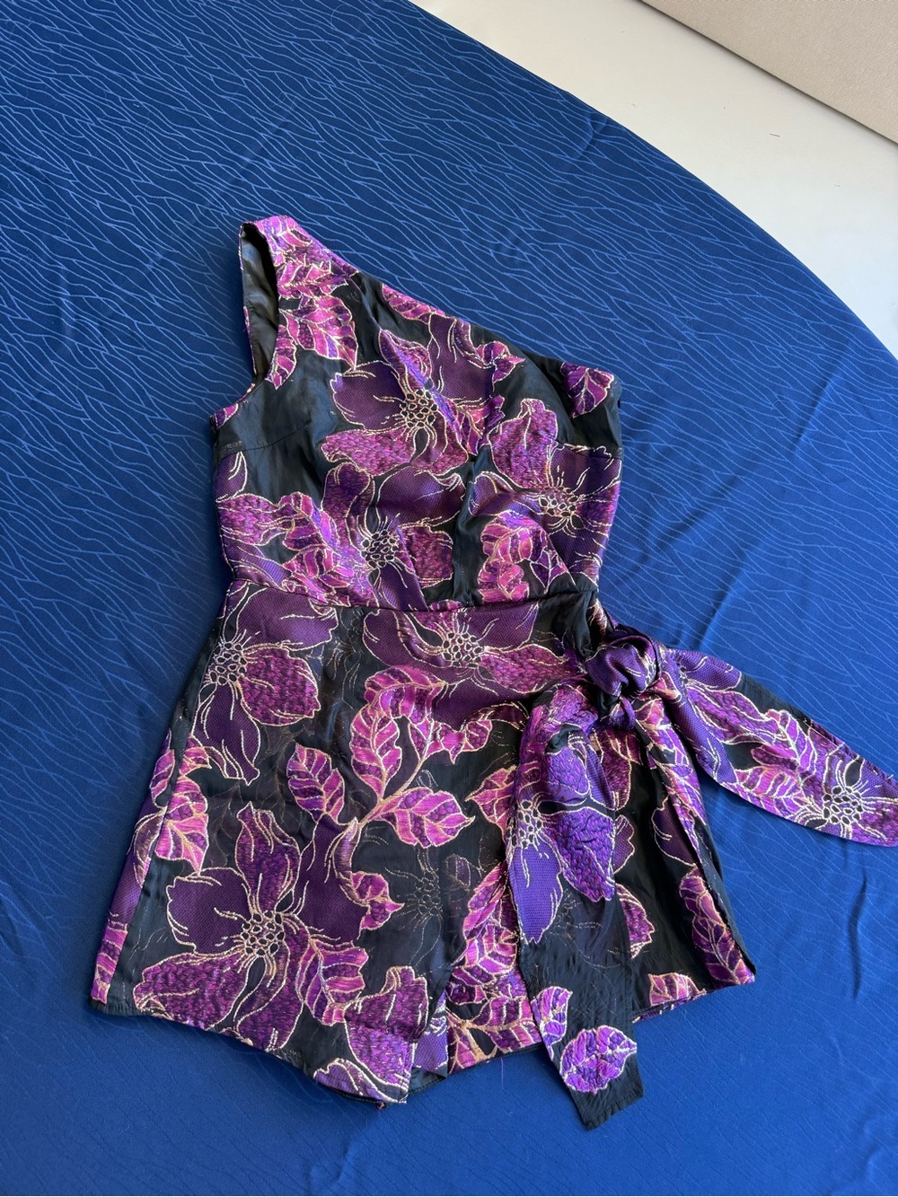 Showstopper One-Shoulder Floral Romper in Purple and Gold Metallic Thread